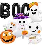 7 Pieces Halloween Ghost Pumpkin Boo Balloons Set, Large Cute Happy Boo Day Foil Mylar Balloons f...
