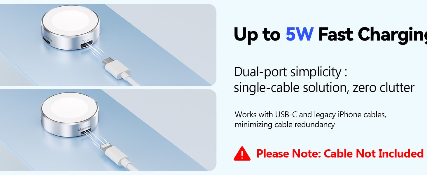 Text reads 'Up to 5W Fast Charging' and 'One-port simplicity - single-cable solution, zero clutter' with 'Please Note: Cable Not Included' warning.