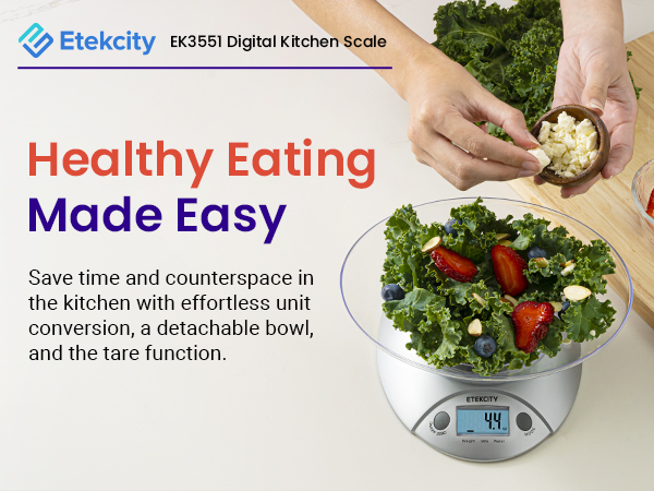 EK3551 kitchen scale has a detachable bowl, and has multiple functions for all measurement needs.