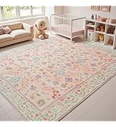 Goideal Floral Living Room Rug 6x9, Pale Pink Washable Area Rug Non Slip, Boho Low Pile Carpet wi...