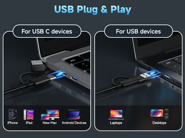 USB Plug &amp; Play, For USB C devices / For USB devices