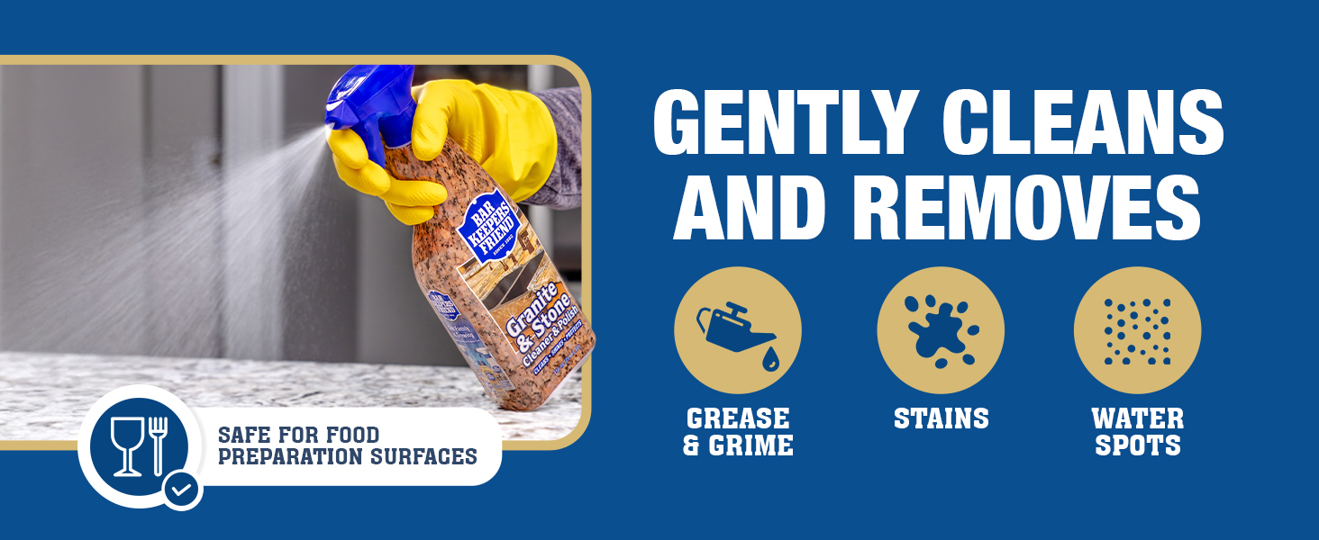 BKF Safe for foor preparation and keepin granite or stone clean removes dust, grease water stains