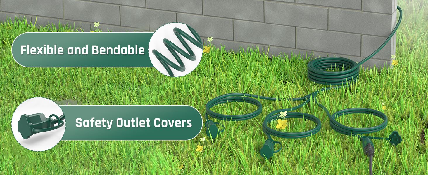 Outdoor extension cord—flexible bendable, safety outlet covers