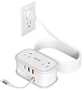 BEVA Travel Power Strip, Flat Plug Power Strip with Retractable USB C Cable, 5 FT Short Extension...