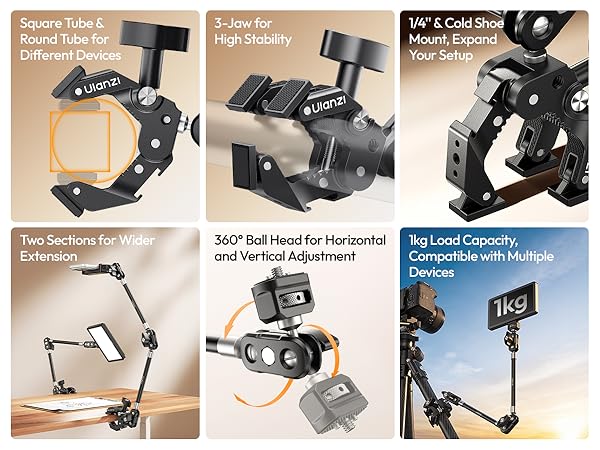 ULANZI Super Clamp Camera Clamp Mount with 2 Section Kit