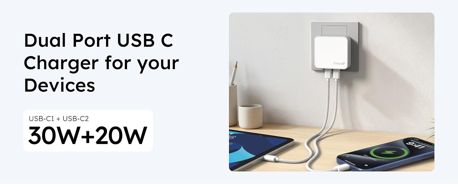 50W Dual USB C Wall Charger Block