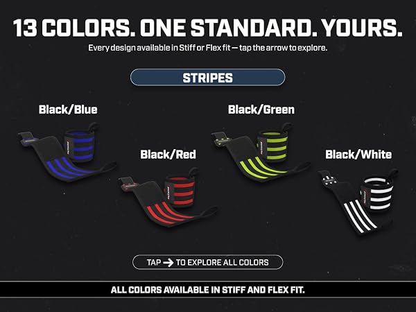 Rip Toned wrist wraps in striped colors - black/blue, red, green and white, stiff or flex fit