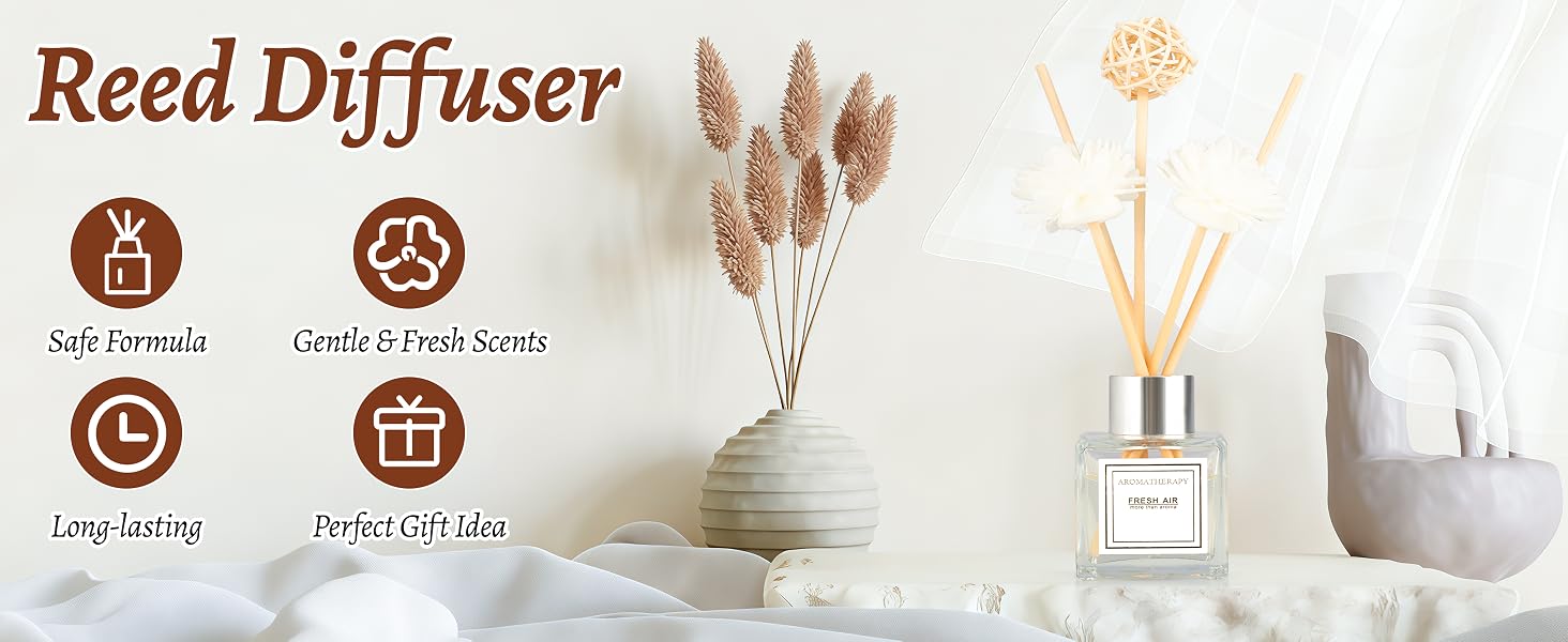 Text reads 'Reed Diffuser' with four circular icons showing product features. Image shows reed diffuser with dried pampas grass and light-colored bottle.