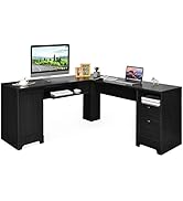 Tangkula L-Shaped Desk, 66" × 66" Corner Computer Desk with Drawers and Storage Shelf, Home Offic...