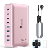 8-Port USB C Fast Charger Block 200W with Flat Plug, Braided Power Cord, and On/Off Switch- USB C...