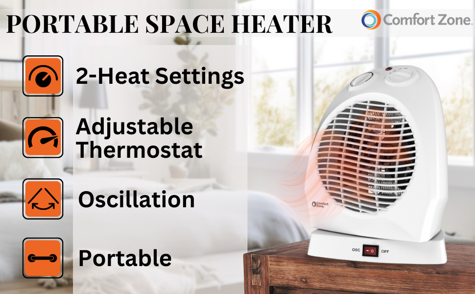 comfort zone oscillating portable space heater 1500 watt