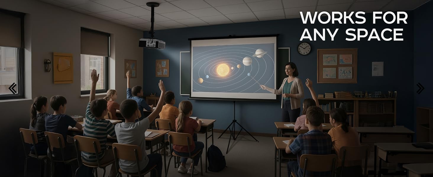 WORKS FOR ANY SPACE; classroom ceiling projector shows solar system