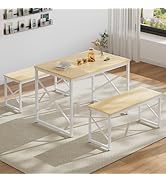 VECELO Kitchen Dining Table Benches Set for 4, 43.3" Wooden Dinette with 2 Benches, Heavy-Duty Di...