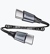 SUNGUY USB-C cable with coiled design and metallic gray connectors at both ends, featuring a flexible spiral cord design.