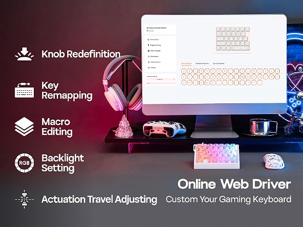 Text reads 'Online Web Driver'. Interface showing gaming keyboard customization options with icons for 'Key Remapping', 'Macro Editing', and 'Backlight Setting'.