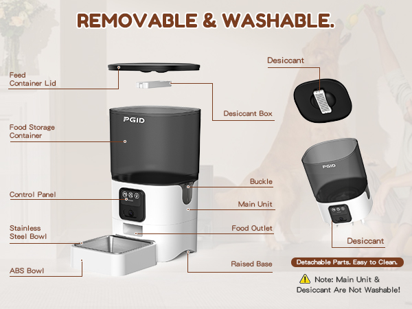 Exploded view of pet feeder showing removable, washable parts and non-washable components.