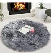 HYSEAS Faux Sheepskin Fur Area Rug Grey, 3x3 Feet, Round Fluffy Soft Fuzzy Plush Shaggy Carpet Th...