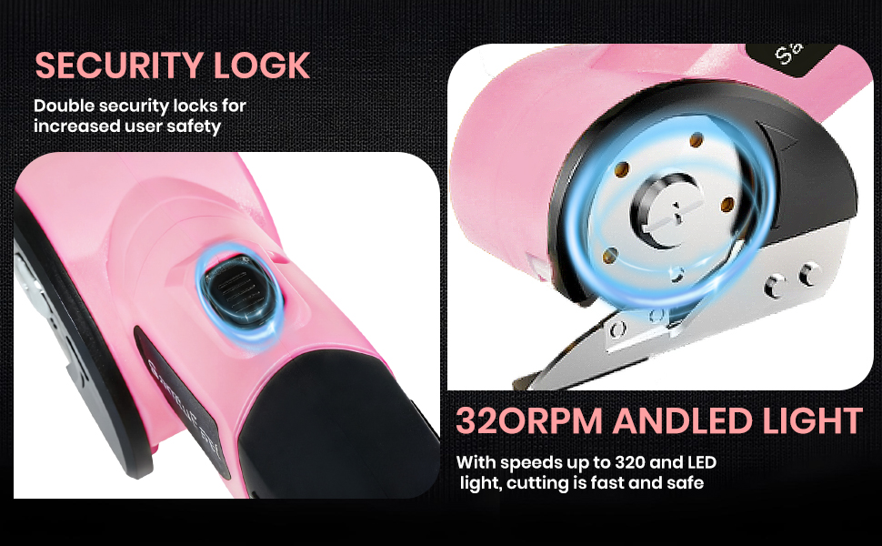 Dual-press safety lock. 320RPM max speed with front LED for low-light cutting.