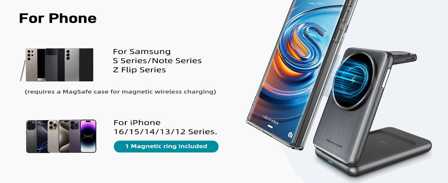 Wireless charging stand for phones, featuring angled design. Compatible with Samsung S/Note/Z Flip series and iPhone 12-16 models. Includes magnetic ring for iPhones.