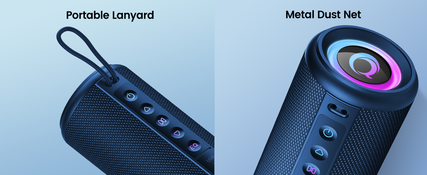 Text reads 'Portable Lanyard' and 'Metal Dust Net'. Close-up product shots of dark blue electronic device with buttons and mesh covering, shown from multiple angles.