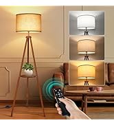 OUTON Wood Tripod Floor Lamp with Shelves, Mid Century LED Modern Dimmable Floor Lamp with Remote...