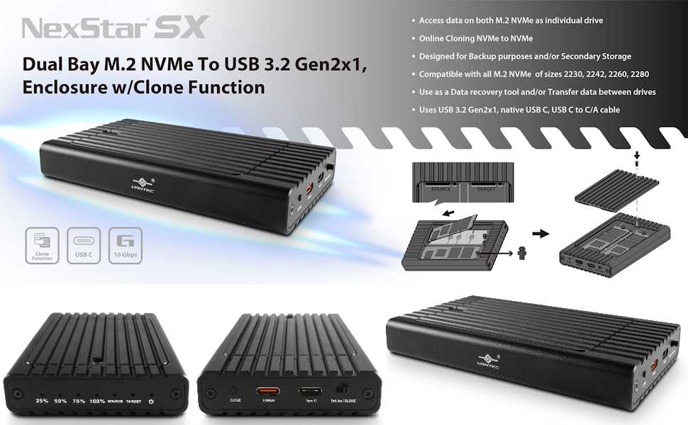 banner NexStar SX, Dual Bay M.2 NVMe To USB 3.2 Gen2x1, Enclosure w/Clone Function