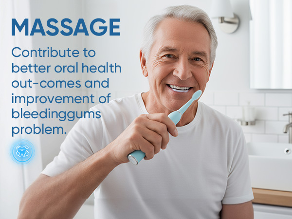 Text reads 'MASSAGE'. Series of images showing proper tooth brushing technique and oral care demonstration in a bathroom setting.