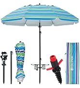 HOMEDEMO 7FT Beach Umbrella with Table &amp; Anchor, Heavy Duty Windproof with UPF 50+ Sun Protection...