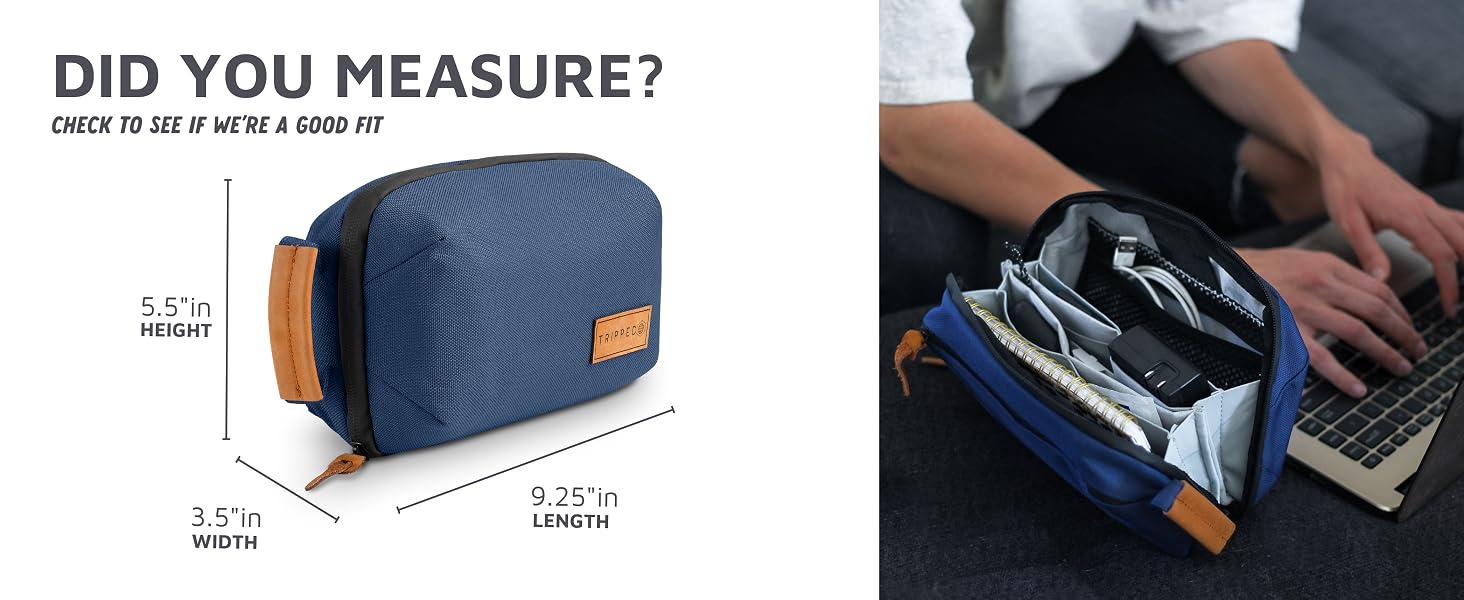 measurements of a tech travel bag and a tech bag next to a laptop 