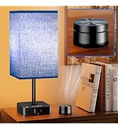 Bedside Lamp &amp; Desk Lamp with Remote, Touch Control, USB-C/A Ports + Outlets | Blue Fabric Shade ...