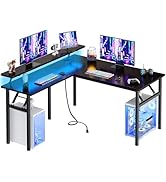 Need Reveriable L Shaped Folding Desk with Monitor Shelf, LED Lighting Computer Desk with Power O...