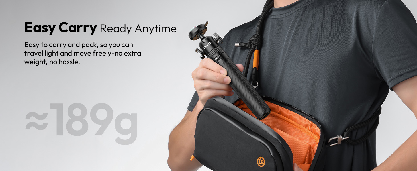 Text reads 'Easy Carry Ready Anytime ~189g'. Product demonstration showing portable device with carrying strap system.