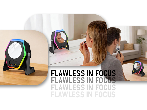 Text reads 'FLAWLESS IN FOCUS'. Multiple views of a modern ring light setup on desk and in use, showing different mounting positions and lighting effects.
