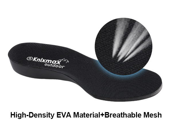 Black shoe insole with Knixmax outdoor logo. High-density EVA material and breathable mesh. Close-up of textured surface shown in circular inset.
