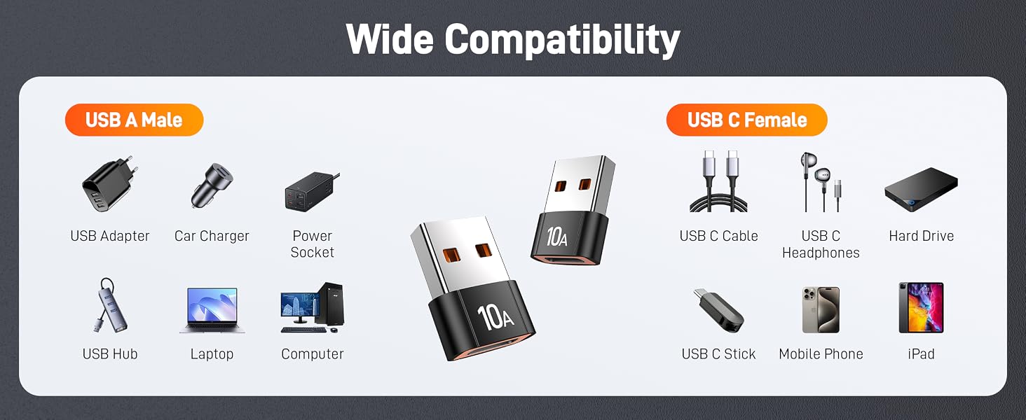usb male to usb c female adapter 10 pack