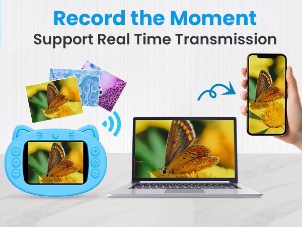 Text reads 'Record the Moment' and 'Support Real Time Transmission'. Sequence showing wireless image sharing between smartphone capturing butterfly photo and laptop display.