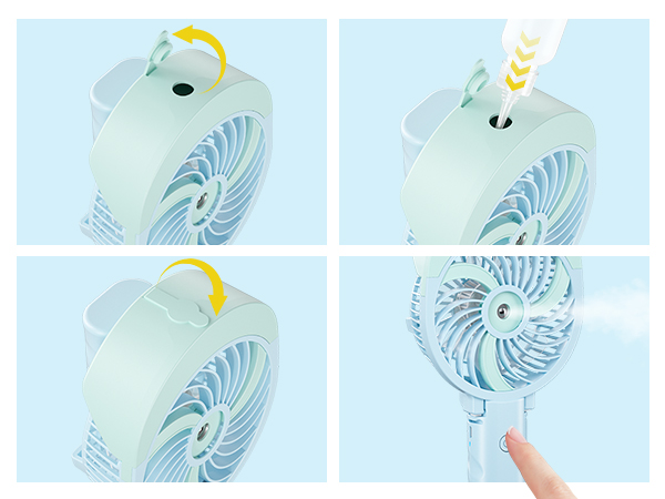 Compact white portable fan with adjustable head, misting function, and USB charging. Four panels show different angles and features of the device.