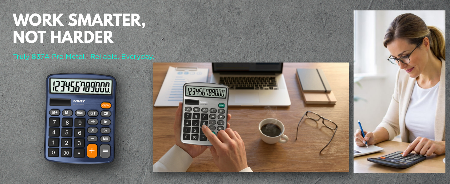 Dark blue Truly 837A metal calculator for office use, clear display, reliable everyday calculations