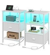 Sthmec Nightstands Set of 2, LED Bedside Tables with Charging Station and Fabric Drawer, Night St...