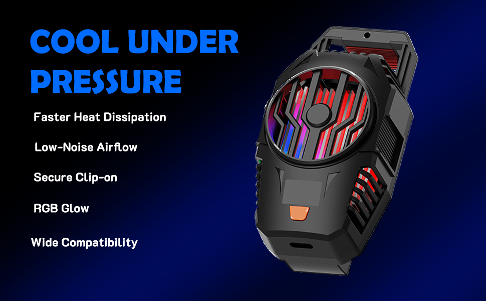 Black phone cooling clip with blue LED glow during operation.