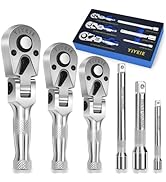 YIYEIE Stubby Flex Head Ratchet Set, 6PCS Stubby Ratchet Set 1/4 3/8 1/2 inch with 3 Extension Ba...