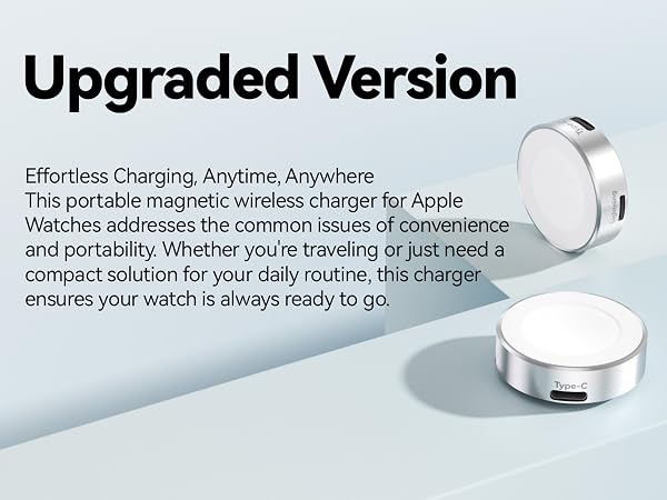 Text reads 'Upgraded Version' and 'Effortless Charging Anytime, Anywhere'. Product advertisement showing wireless charging device with minimalist white design.