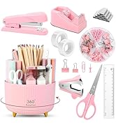 SKYDUE Pink Desk Accessories 10Pcs, 360-Degree Rotating Pen Holder, Stapler, Staple Remover, Tape...