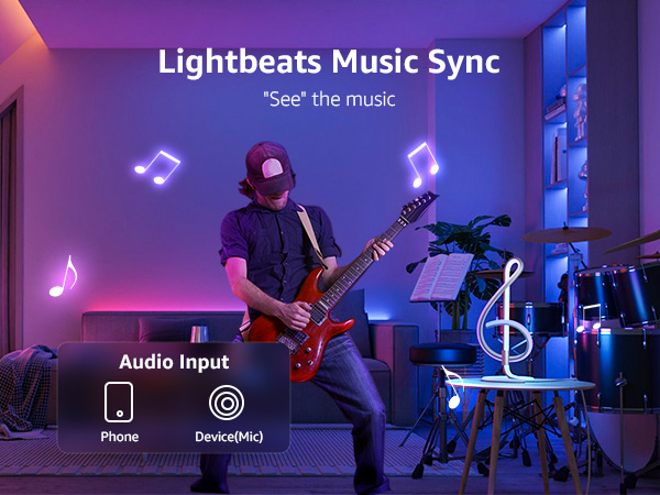 Purple-lit music setup interface showing 'Lightbeats Music Sync' with audio input options for Phone and DeviceMic, featuring musical note graphics.