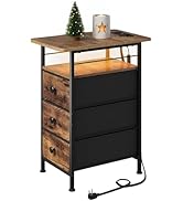 WLIVE Narrow Side Table with Charging Station, End Table with LED Lights,3 Fabric Drawers and Ope...
