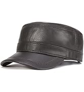 VOBOOM Leather Cadet Army Cap Adjustable Flat Top Military Style Hat for Men