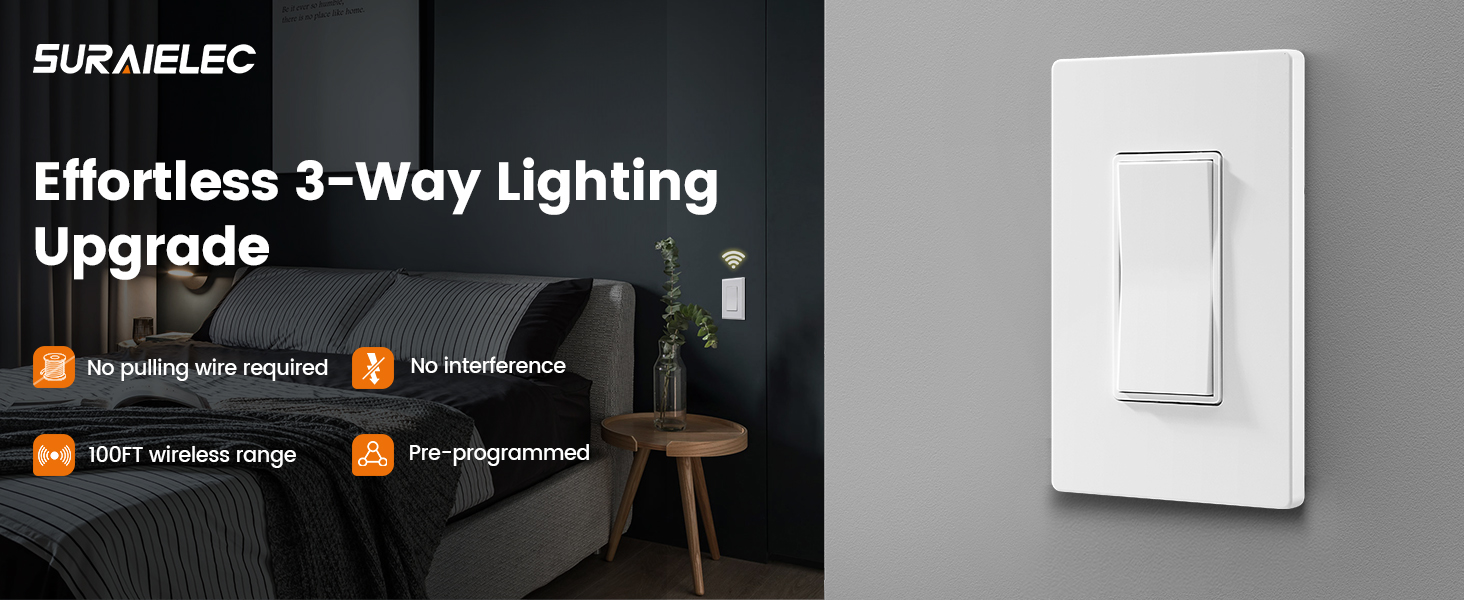 3 Way Wireless Light Switch, Neutral Wire Required, Grounding, 15A High Power, 100ft Range No Wiring