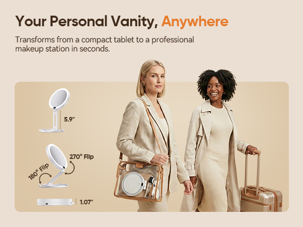 Portable vanity mirror fits in travel bag with adjustable 5.9 inch height and angles