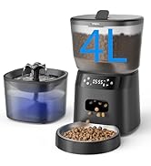 Automatic Cat Feeder and Water Fountain, 4L/16 Cups Timed Cat Dry Food Dispenser, 10s Meal Call, ...