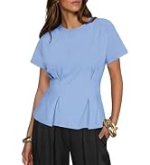 Fisoew Womens Peplum Tops Short Sleeve Babydoll Summer T Shirts Casual Crop Crew Neck Pleated Blo...